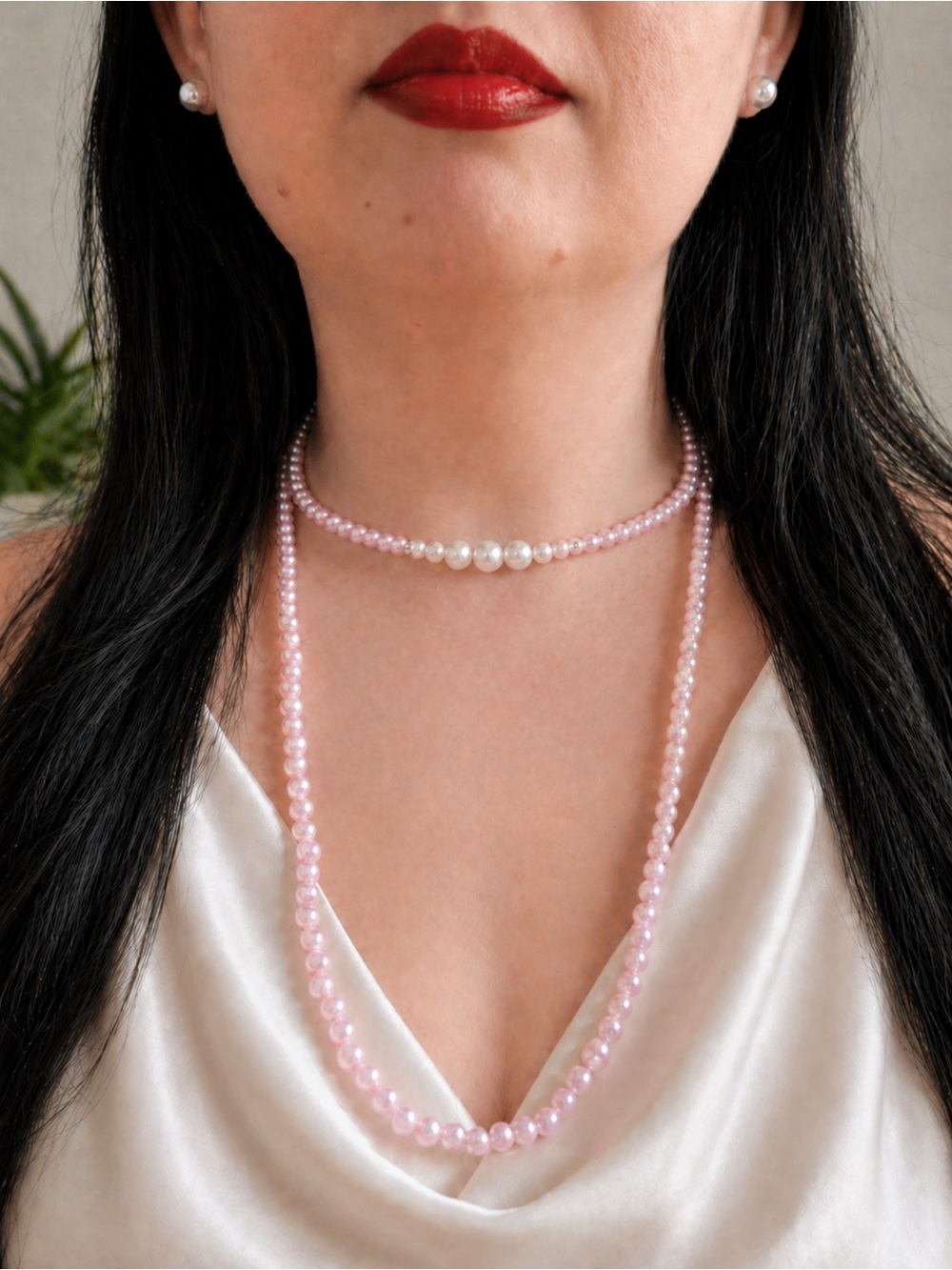 Pink Pearl Layered Necklace Set | Elegant Satin Glam 23”